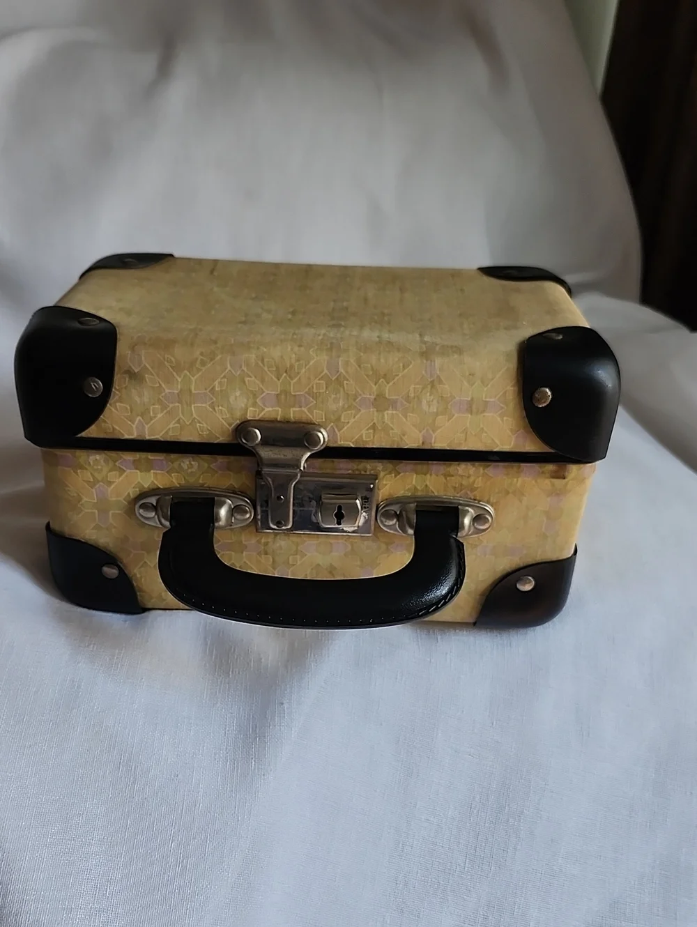 Vintage 1950's Yellow Fabric Black Leather Trim Hard Case Cosmetic Bag , $40